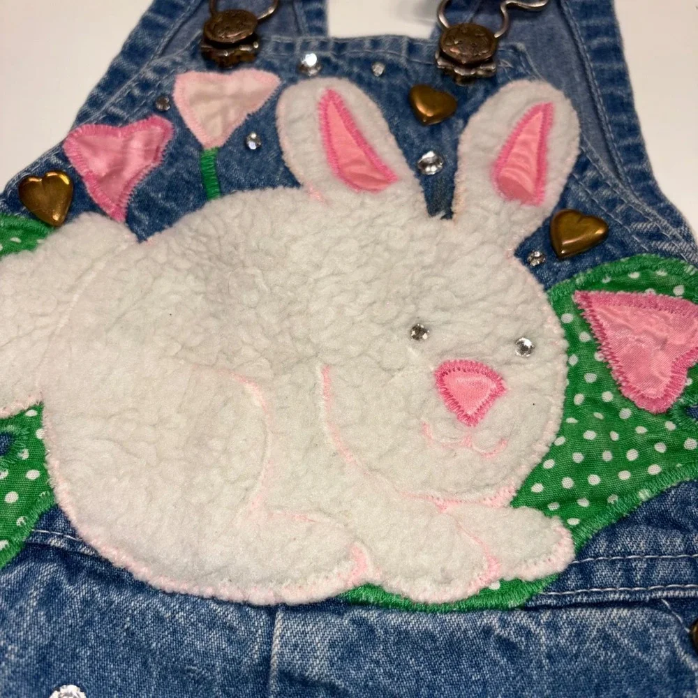 Vintage Osh Kosh Bgosh Custom Denim Bunny Overalls Hearts Rhinestones Blue Pink